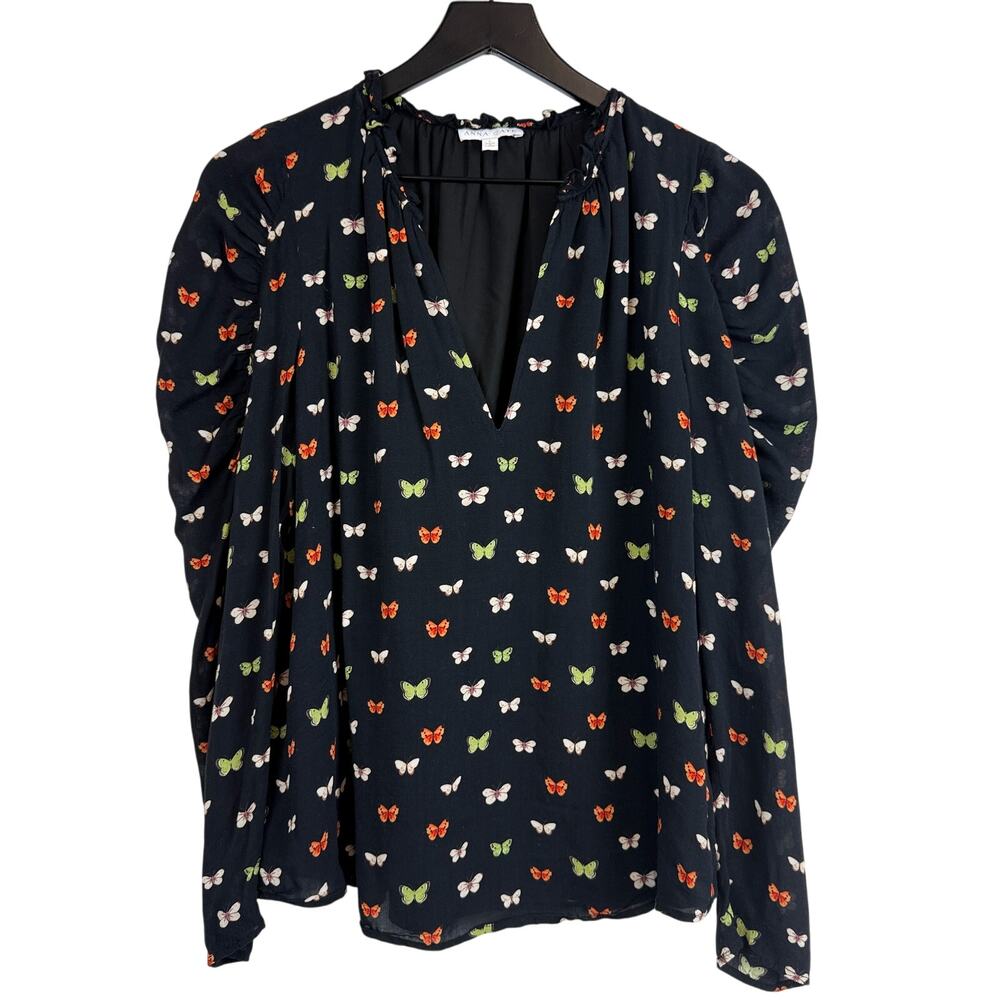 Anna Cate James Top Puff Sleeve Butterflies Black - L